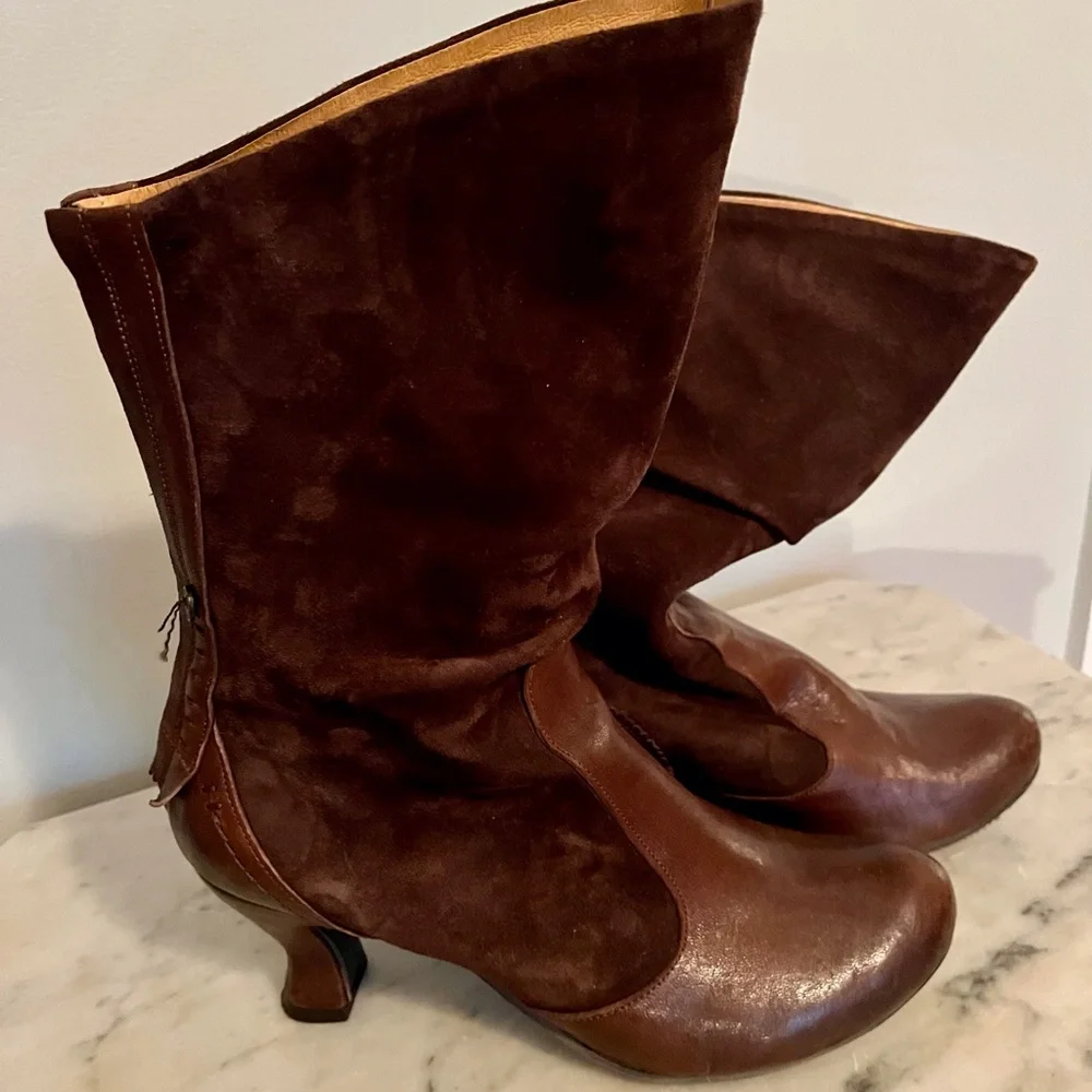 Gold Button Leather and Suede Boots - Picture 1 of 9